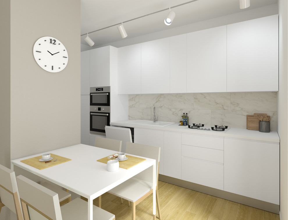 Inspiration for a small scandinavian single-wall eat-in kitchen in Rome with a single-bowl sink, flat-panel cabinets, white cabinets, laminate benchtops, multi-coloured splashback, porcelain splashback, panelled appliances, light hardwood floors, no island, white benchtop and beige floor.