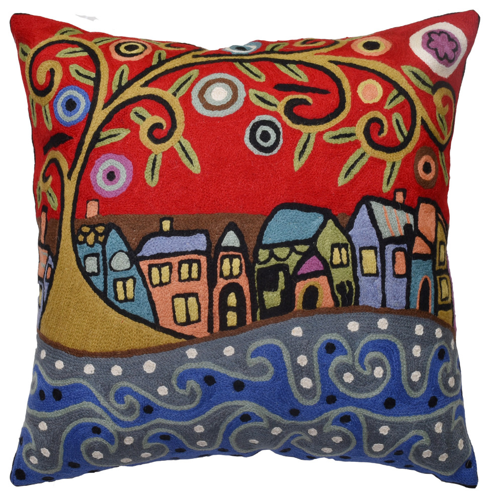 By The Sea Karla Gerard Decorative Pillow Cover Handembroidered Wool, 18x18"