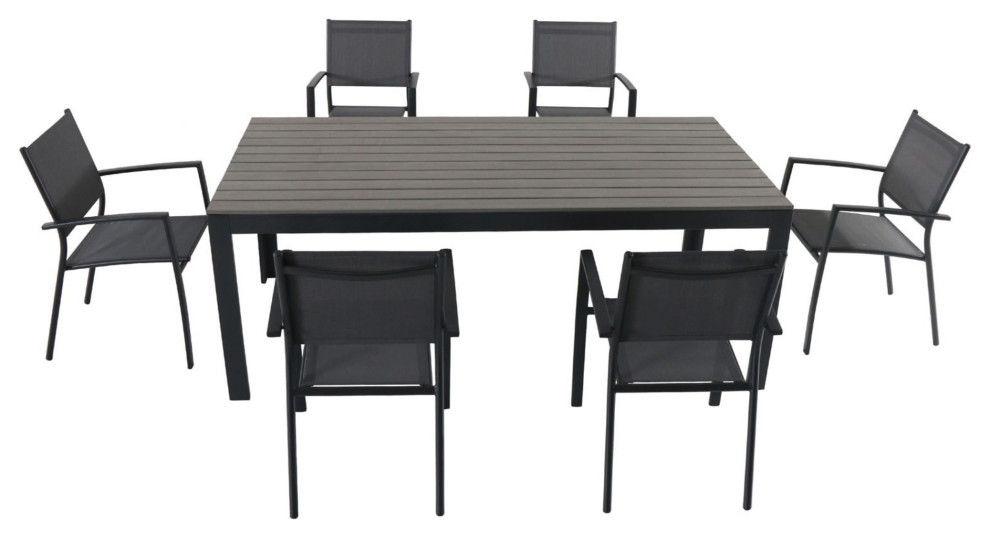 Tucson 7Piece 6 Aluminum Sling Chairs, Faux Wood Dining Table, Glass/Gray Transitional