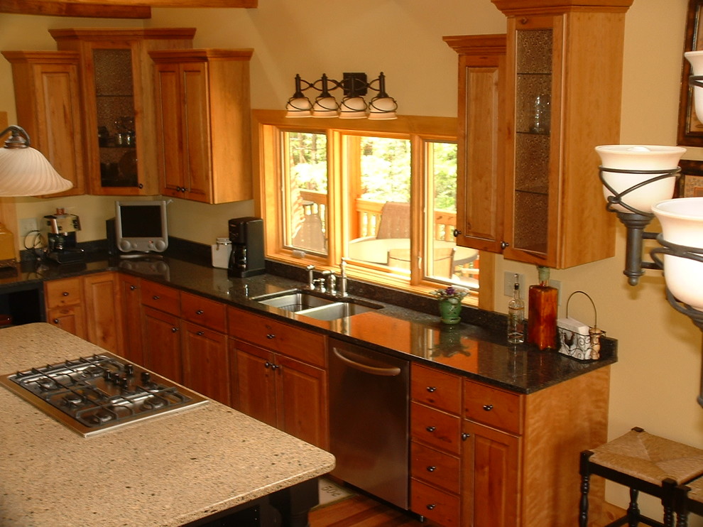 Eat-in kitchen - mid-sized rustic l-shaped eat-in kitchen idea with quartz countertops, cement tile backsplash and an island