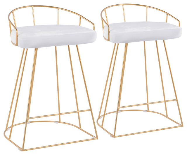 Canary Contemporary Counter Stool, Gold With White Velvet Fabric -Set of 2