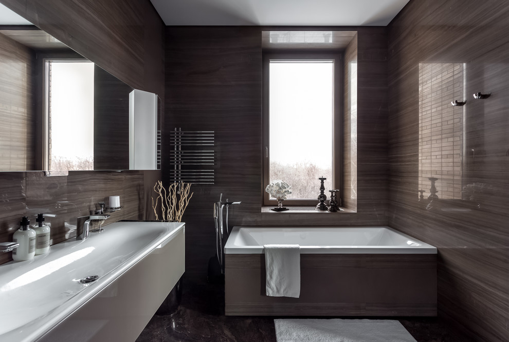 Design ideas for a mid-sized contemporary master bathroom in Moscow with gray tile, marble, marble floors, grey floor, flat-panel cabinets and a trough sink.