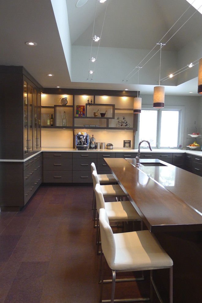 Photo of a large contemporary u-shaped separate kitchen in Indianapolis with an undermount sink, flat-panel cabinets, grey cabinets, quartz benchtops, blue splashback, mosaic tile splashback, stainless steel appliances, cork floors and with island.