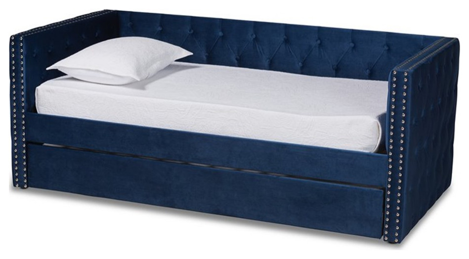 Bowery Hill Contemporary Velvet Upholstered Twin Size Daybed w/ Trundle in Blue