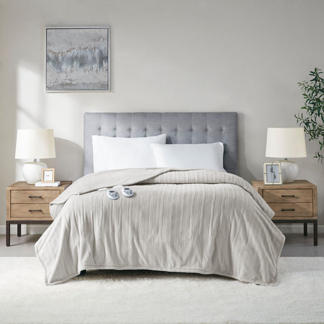 Serta Ribbed Micro Fleece Heated Blanket, Tan, Twin Transitional