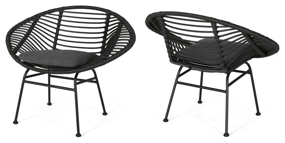 Aleah Outdoor Woven Faux Rattan Chairs With Cushions, Set of 2, Gray/Dark Gray Finish