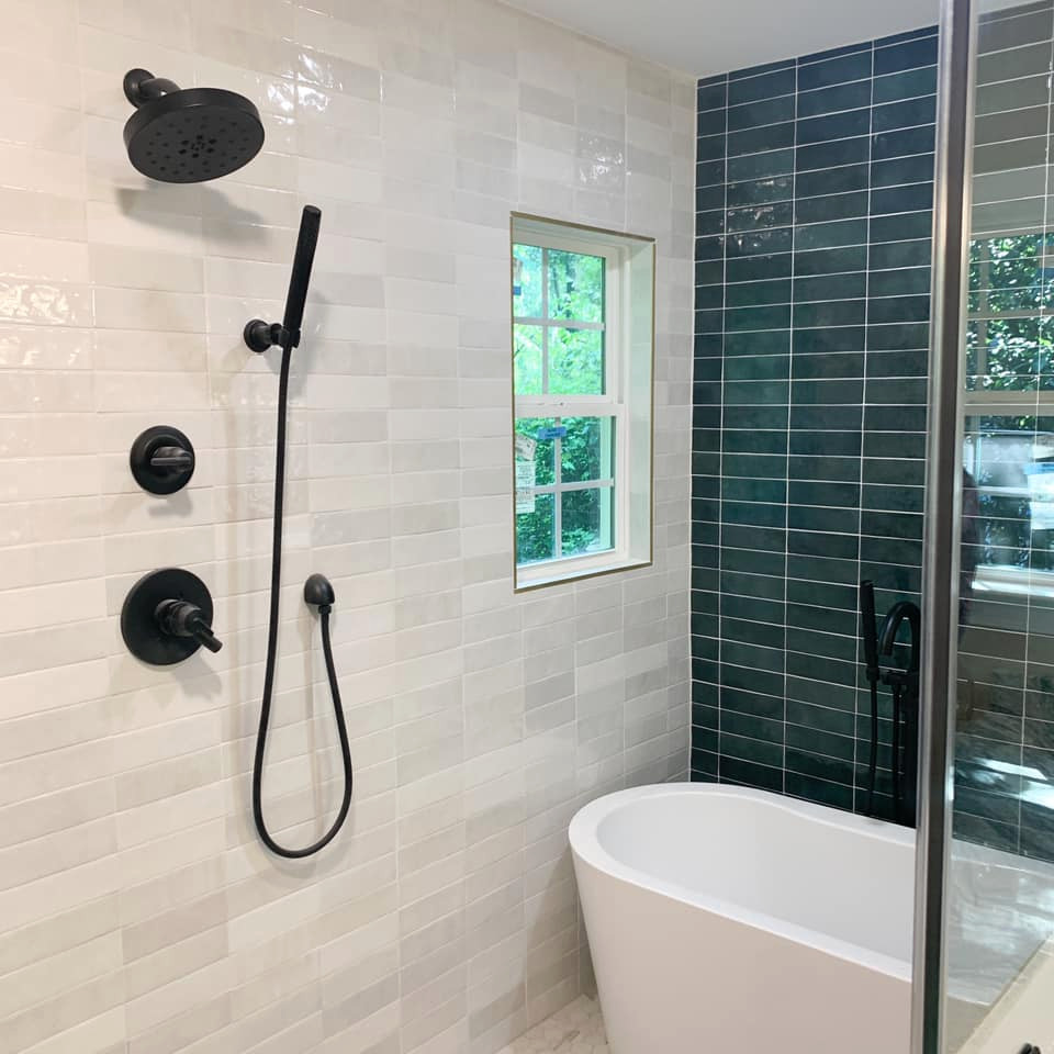 Mid-sized midcentury master bathroom in Charlotte with a freestanding tub, a shower/bathtub combo, green walls, ceramic floors, beige floor, a hinged shower door and an enclosed toilet.