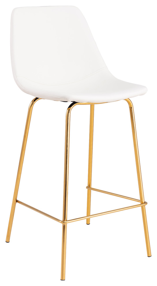 Honoria Gold Counter Stool, White Leather Contemporary Bar Stools