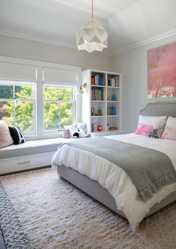 Kids' room - large transitional girl dark wood floor and brown floor kids' room idea in San Francisco with gray walls