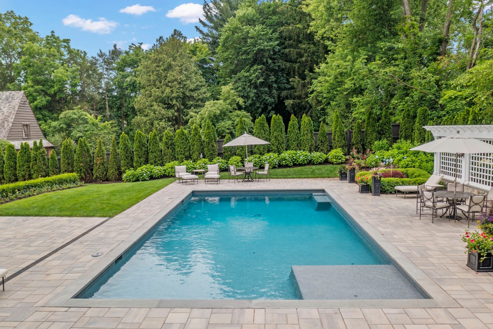 Immagine di una grande piscina a sfioro infinito minimalista rettangolare dietro casa con paesaggistica bordo piscina e pavimentazioni in cemento