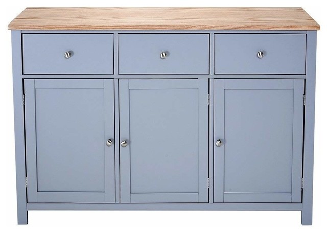 Traditional Sideboard, Grey Painted MDF With Oak Top, 3-Door and 3-Drawer