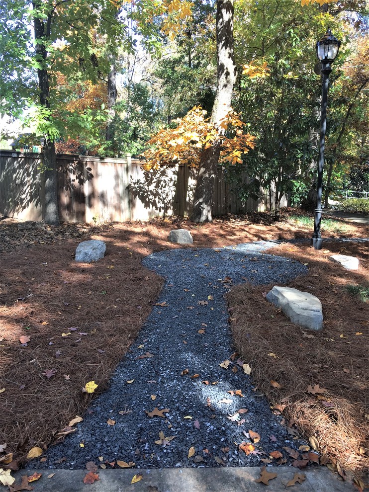 Slate Chip Path & Seating Area, Wooden Benches, Ornamental Mossy Boulders