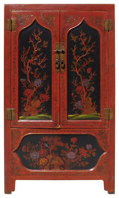 Chinese Red Black Flower Graphic Armoire Wardrobe Cabinet Hcs1327