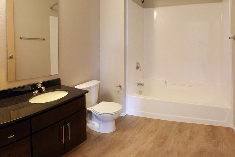 This is an example of a mid-sized contemporary bathroom in Other with shaker cabinets, dark wood cabinets, granite benchtops, beige walls and vinyl floors.