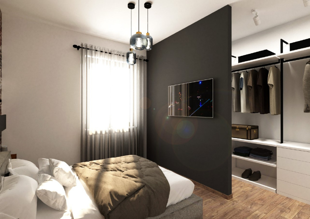 Design ideas for a small industrial master bedroom in Milan with white walls, dark hardwood floors, no fireplace, beige floor, wallpaper and wallpaper.