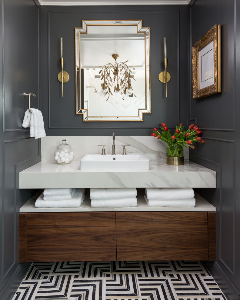 This is an example of a mid-sized bathroom in Houston with flat-panel cabinets, a freestanding tub, a curbless shower, a bidet, grey walls, marble floors, a vessel sink, a hinged shower door, turquoise benchtops, a shower seat, a single vanity, a floating vanity, coffered and wallpaper.