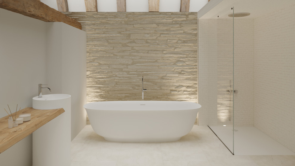 Inredning av ett lantligt mellanstort vit vitt en-suite badrum, med ett fristående badkar, en kantlös dusch, beige kakel, mosaik, vita väggar, klinkergolv i porslin, ett piedestal handfat, träbänkskiva, beiget golv och med dusch som är öppen