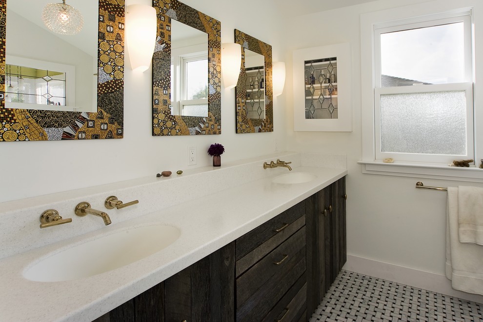 Photo of an eclectic bathroom in San Francisco with an undermount sink and distressed cabinets.