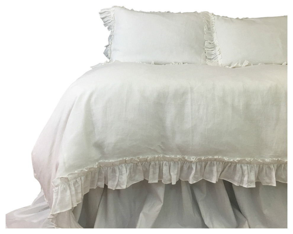 White Linen Duvet Cover With Vintage Ruffles Traditional Duvet