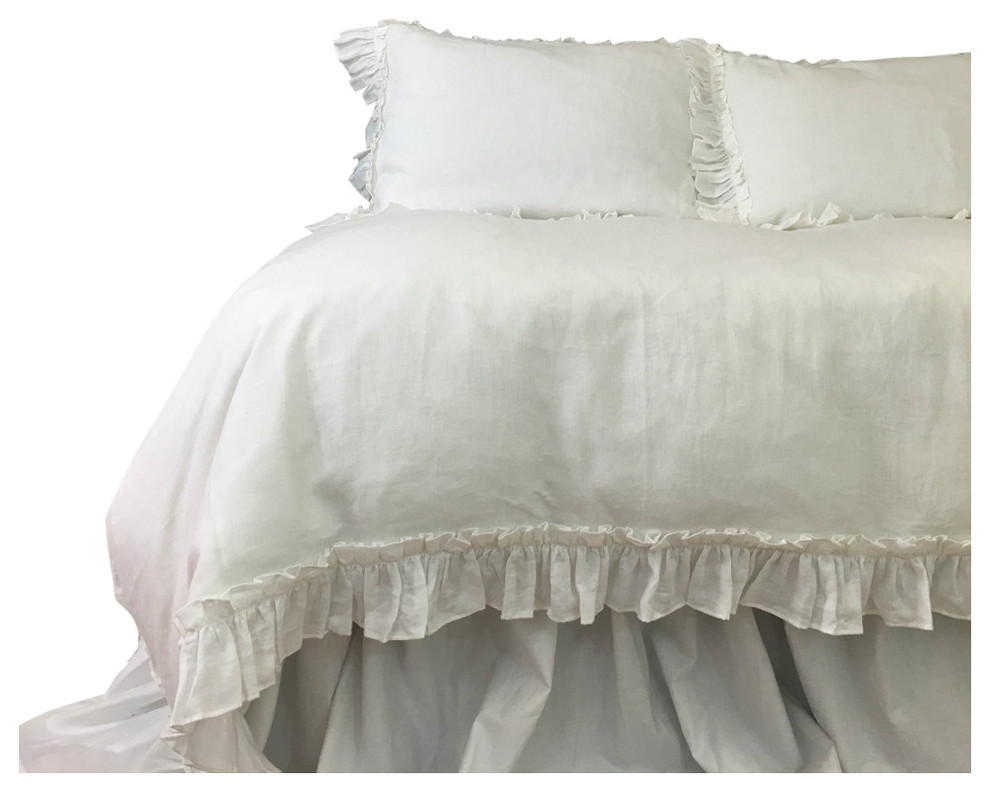 White Linen Duvet Cover With Vintage Ruffles Traditional