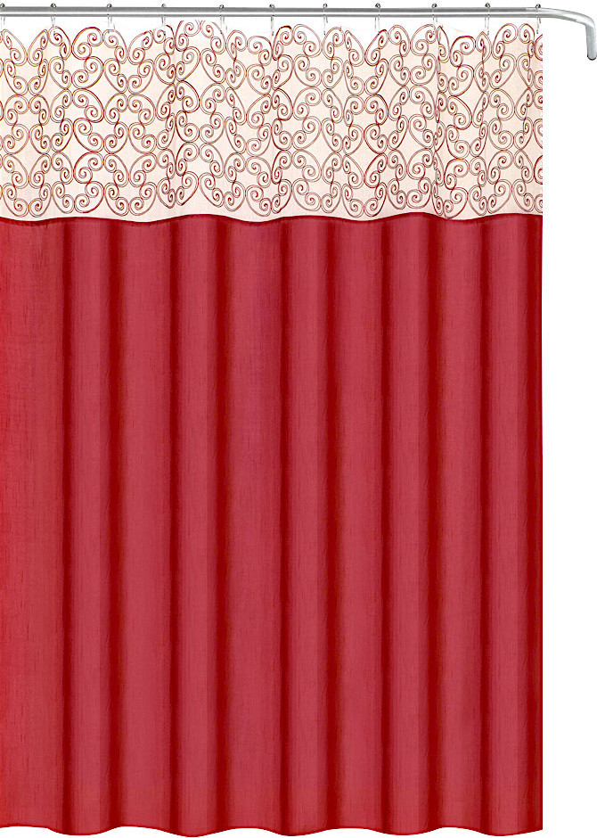 Decorative Red Fabric Shower Curtain, Scroll Embroidered Sheer Panel Contemporary Shower
