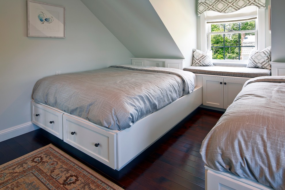 Photo of a large transitional guest bedroom in Providence with grey walls, dark hardwood floors and no fireplace.