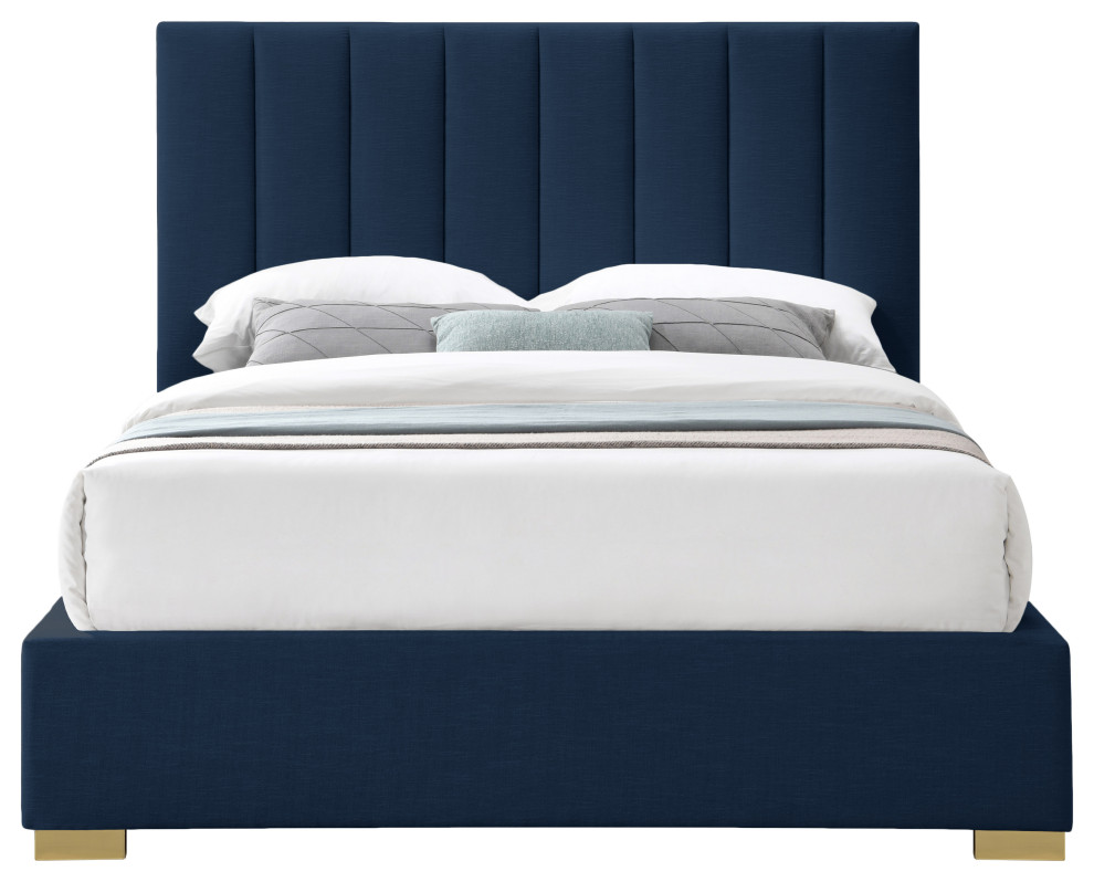 Pierce Linen Textured Fabric Upholstered Bed, Navy, Queen