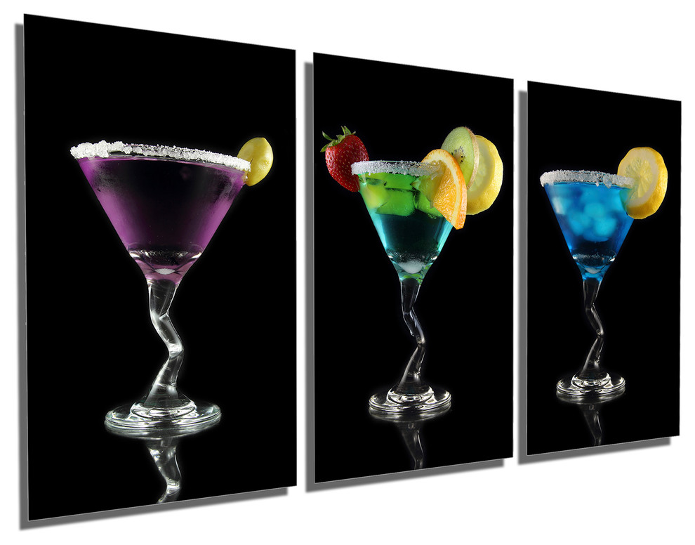Colorful Martini Drink Metal Print Wall Art, 3 Panel Split, Triptych