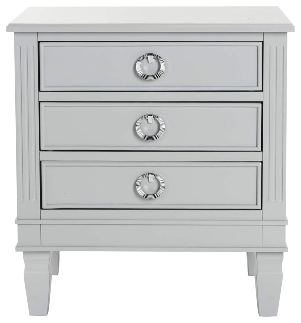 Contemporary Nightstand, 3 Drawers With Elegant Ring Shaped Chrome