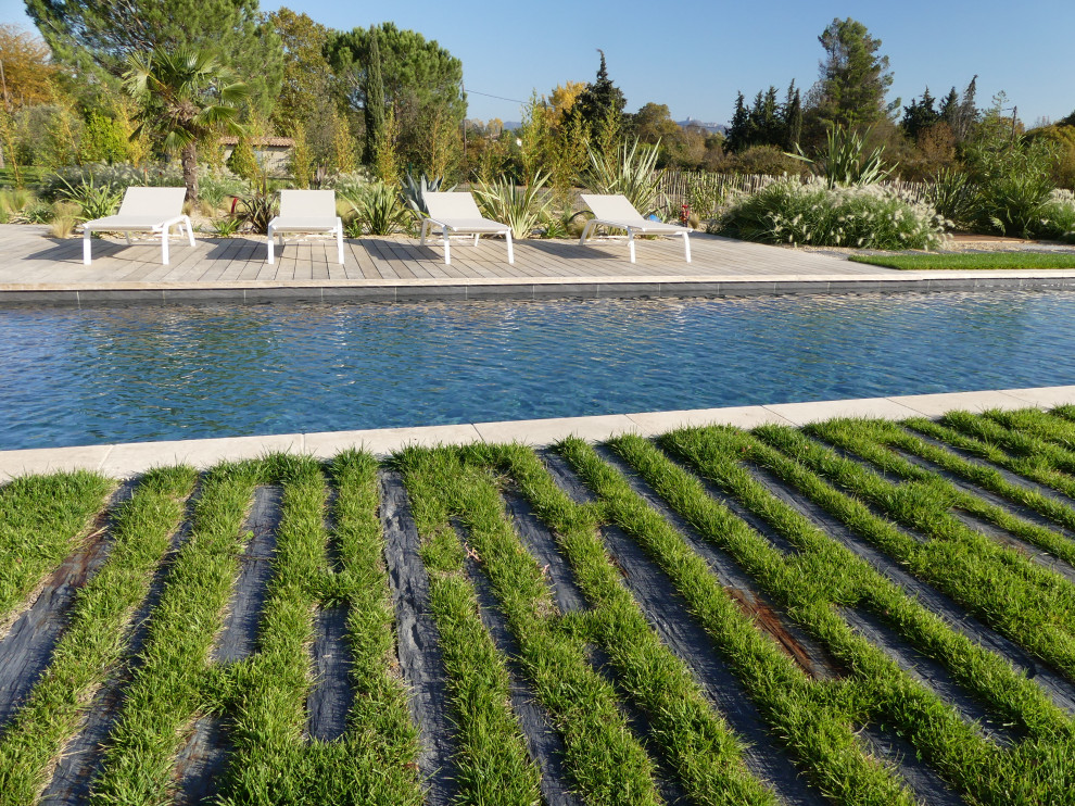 Inspiration for a large contemporary front yard rectangular lap pool in Montpellier with decking.