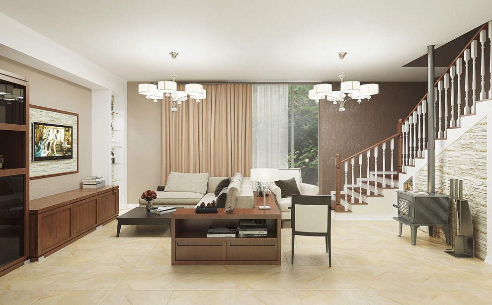 Гостиная с лестницей и камином