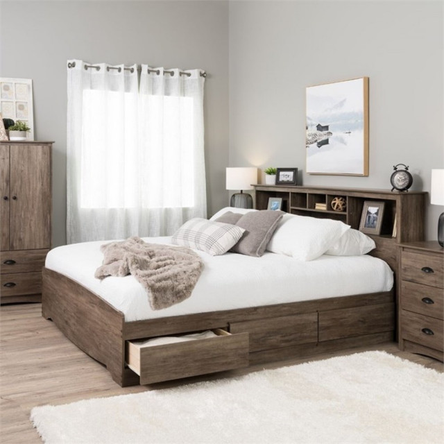 Prepac Salt Spring King Platform Storage Bed with 6 Drawers in Drifted ...