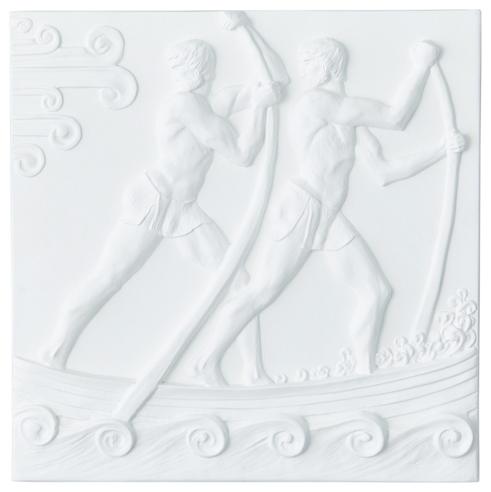Elegant White Plaster Rowers Boat Wall Panel Square Classical Art
