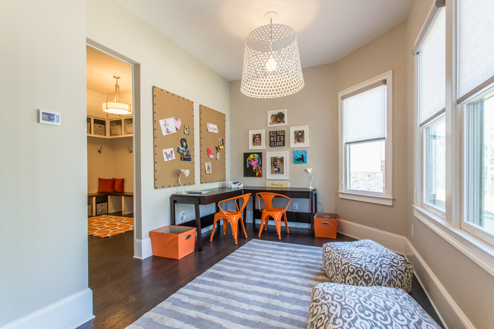 Inspiration for a transitional gender-neutral kids' room in Atlanta with grey walls and dark hardwood floors.