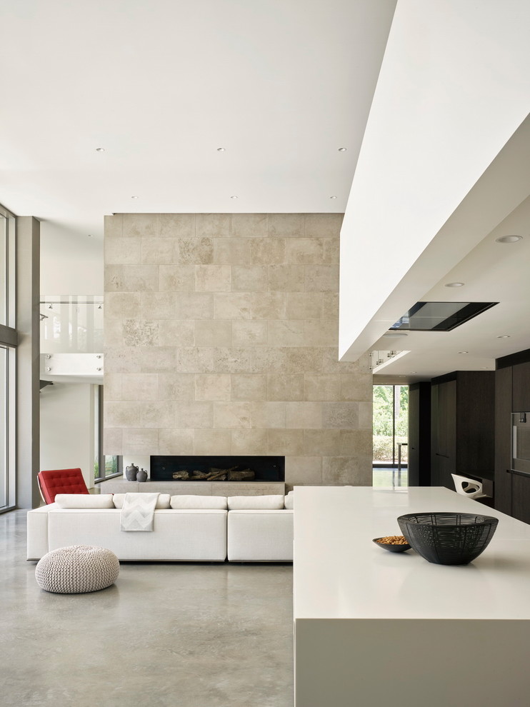 Inspiration for a contemporary living room in Houston with concrete floors and a ribbon fireplace.