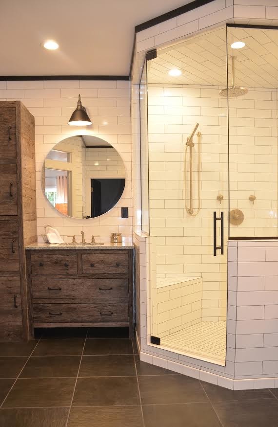 Corner shower - mid-sized transitional master white tile and subway tile corner shower idea with white walls, an undermount sink, a hinged shower door, furniture-like cabinets, distressed cabinets and granite countertops