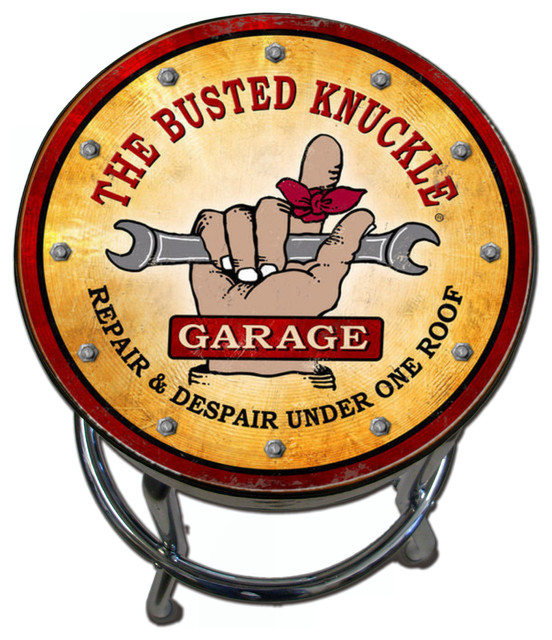 Busted Knuckle Garage Stool, Vintage Logo Finish Industrial Bar Stools And Counter Stools
