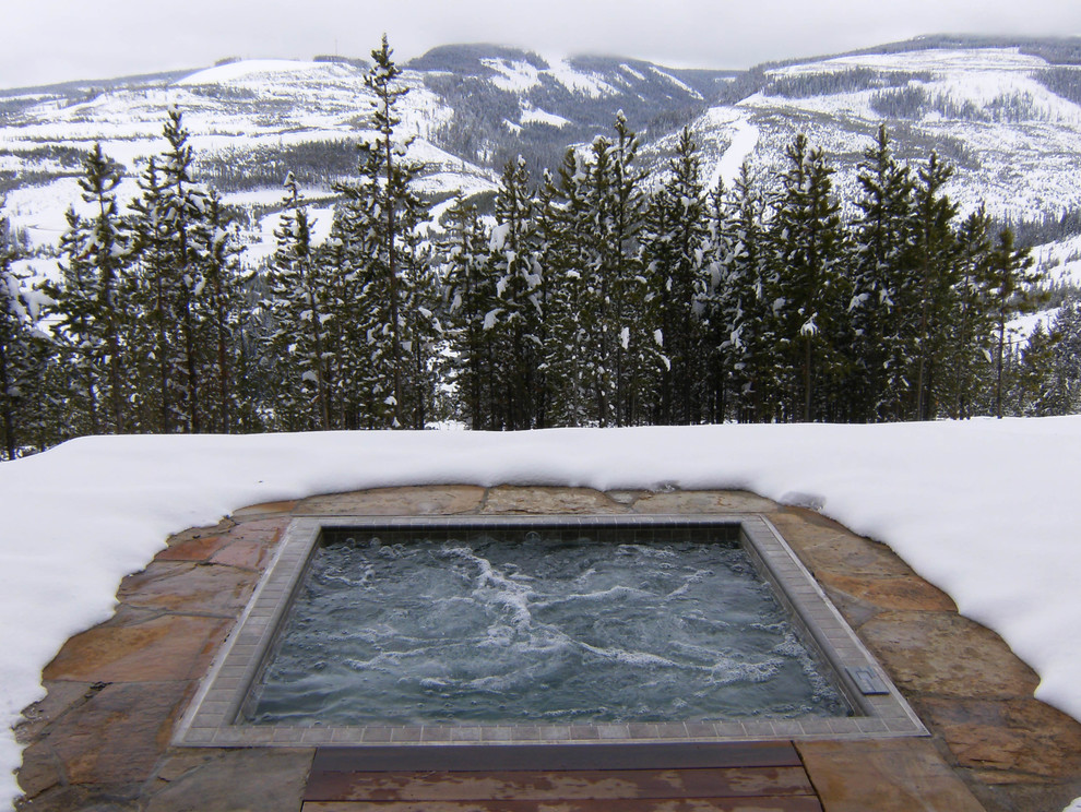 This is an example of a country rectangular natural pool in Other with a hot tub.
