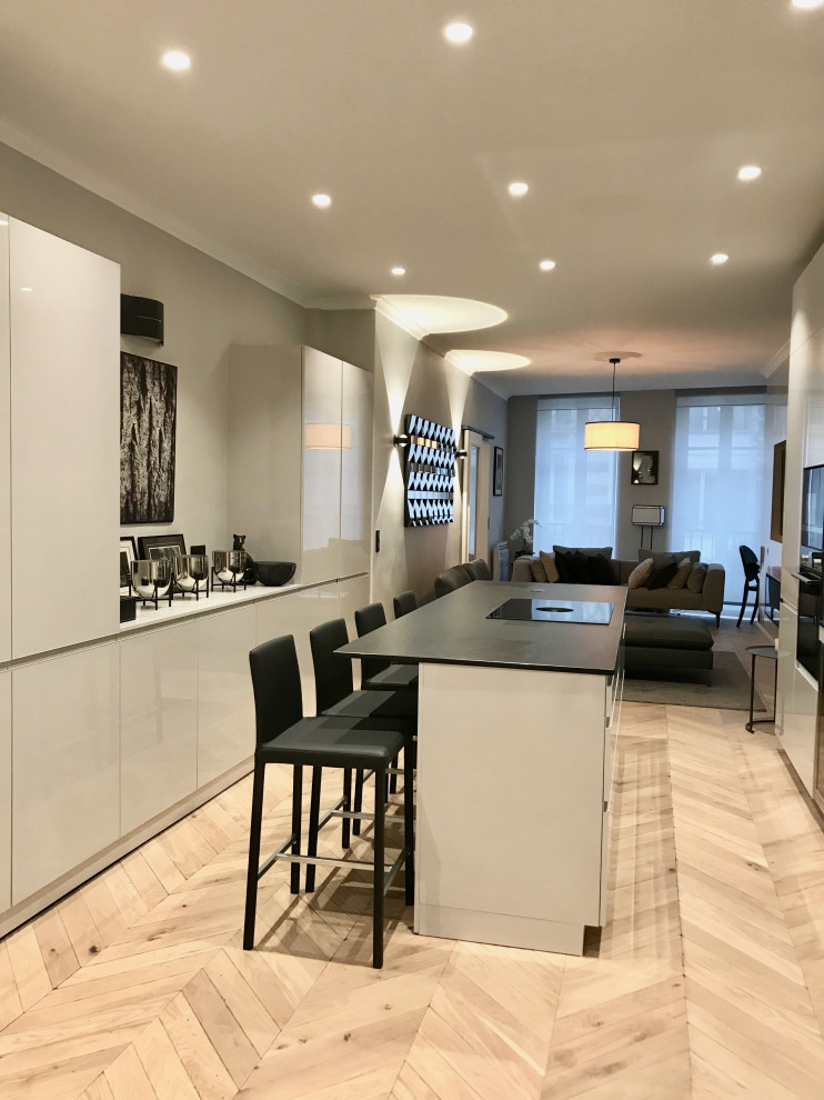 Photo of a large contemporary galley open plan kitchen in Paris with an undermount sink, stainless steel appliances, grey cabinets, grey splashback, light hardwood floors, with island, brown floor and black benchtop.