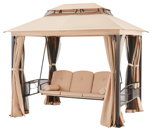 HOMREST 3Seat Outdoor Porch Swing,Gazebo Swing with Double Tier Canopy