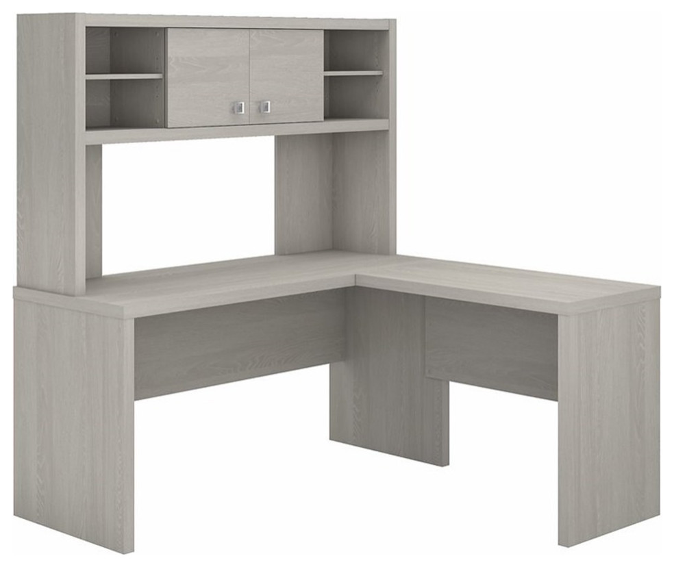 Echo L Shaped Desk with Hutch in Gray Sand Engineered Wood Transitional Desks And Hutches