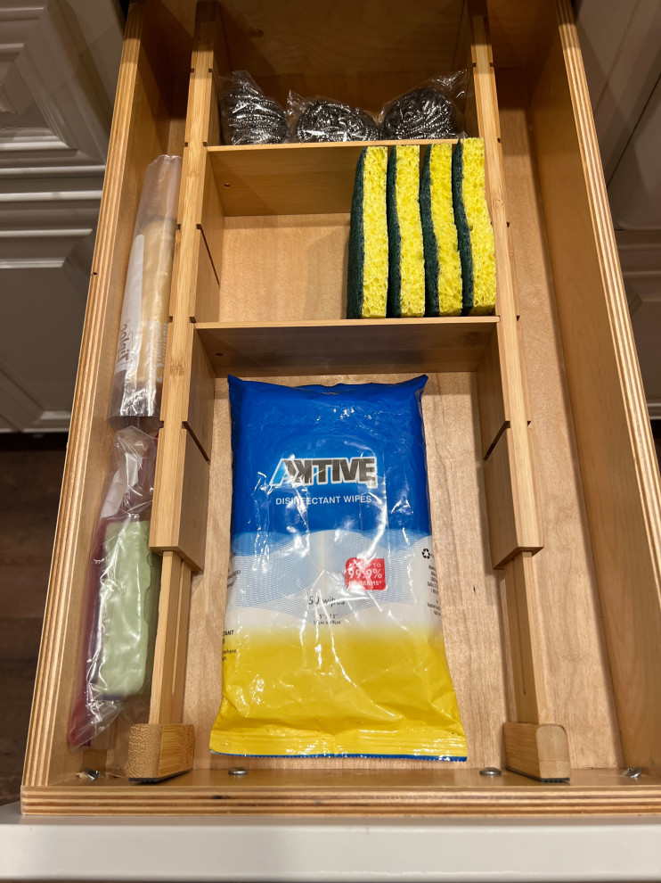 Kitchen drawer organized with bamboo organizer