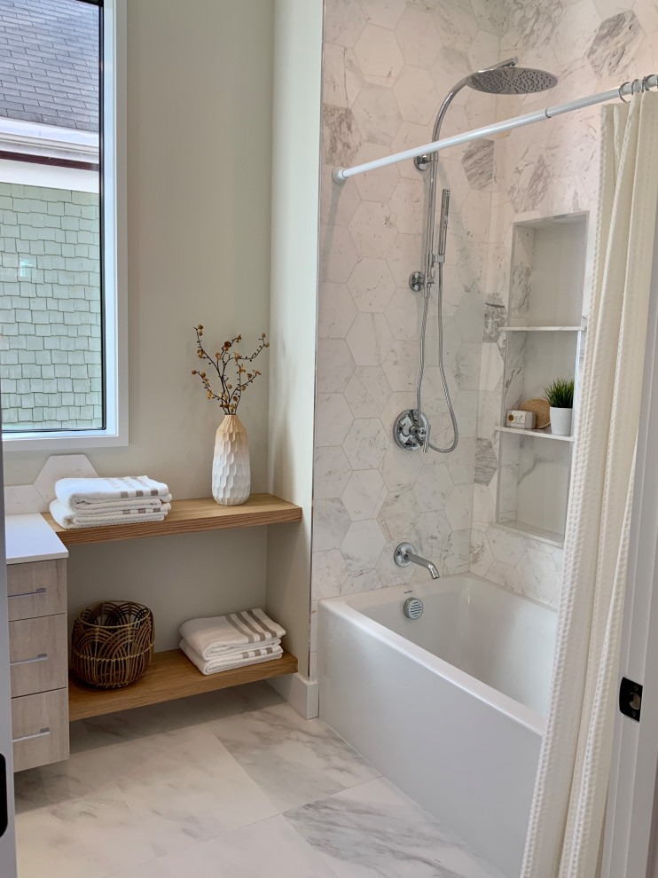 Photo of a mid-sized contemporary kids bathroom in Boston with flat-panel cabinets, grey cabinets, an alcove tub, a shower/bathtub combo, a one-piece toilet, white tile, ceramic tile, white walls, ceramic floors, a vessel sink, engineered quartz benchtops, white floor, a shower curtain, white benchtops, a single vanity and a floating vanity.