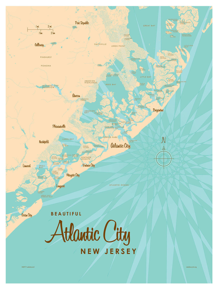 Lakebound Atlantic City New Jersey Map Art Print, 9"x12" Contemporary
