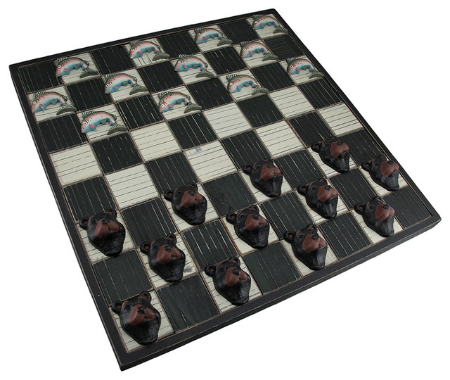 Rainbow Trout And Woodland Bear Rustic Wooden Checkerboard Game Set Rainbow Trout And Woodland Bear Rustic Wooden Checkerboard Game Set