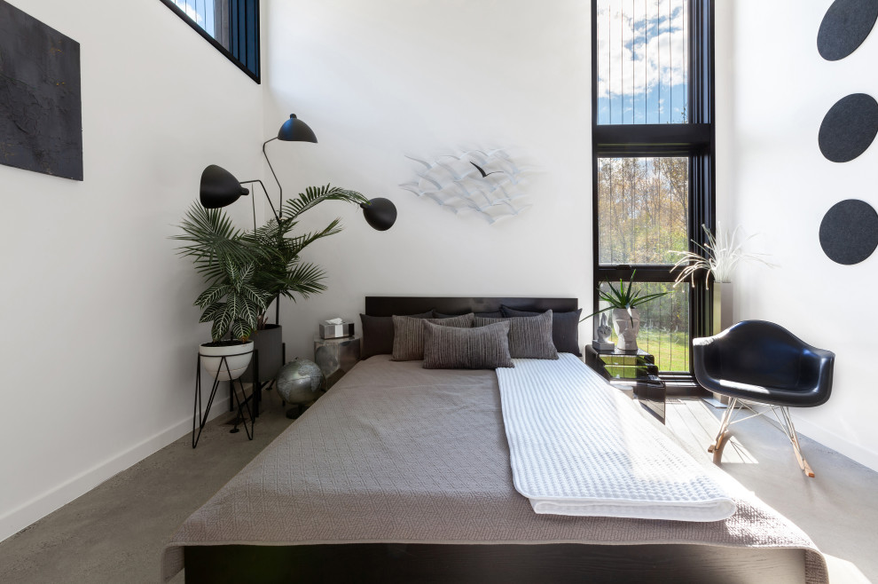 Foto de habitación de invitados abovedada, blanca y gris y negra moderna de tamaño medio con paredes blancas, suelo de cemento y suelo gris