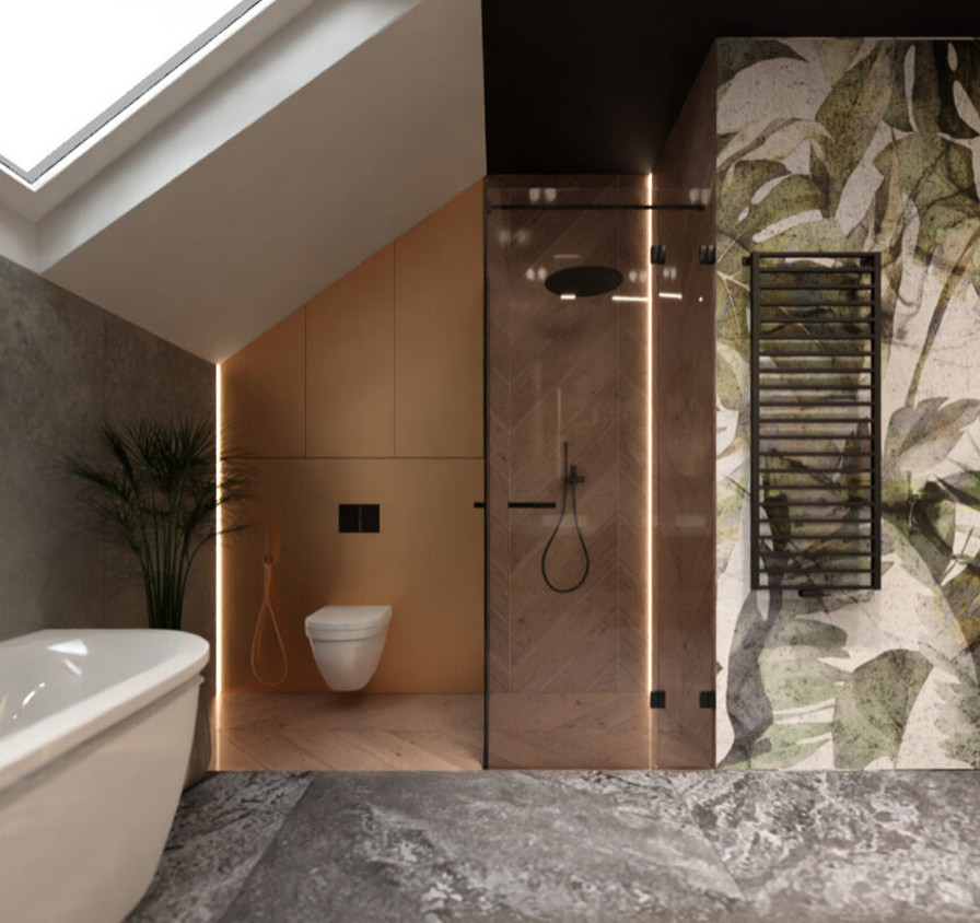 Дизайн загородного дома  в эко стиле ( ванная 3 этаж)