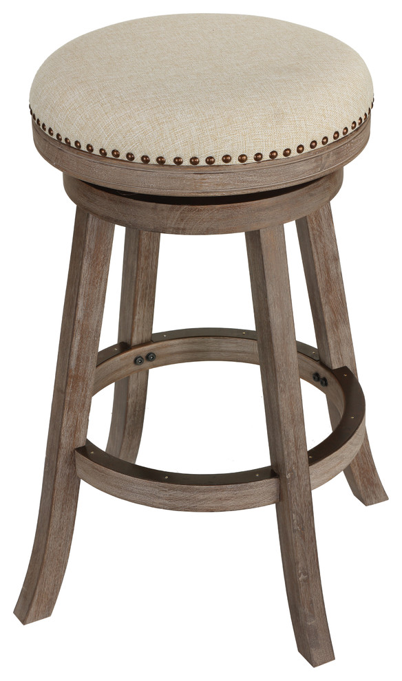 Cortesi Home Piper Backless Swivel Bar Stool, Solid Wood and Beige Fabric