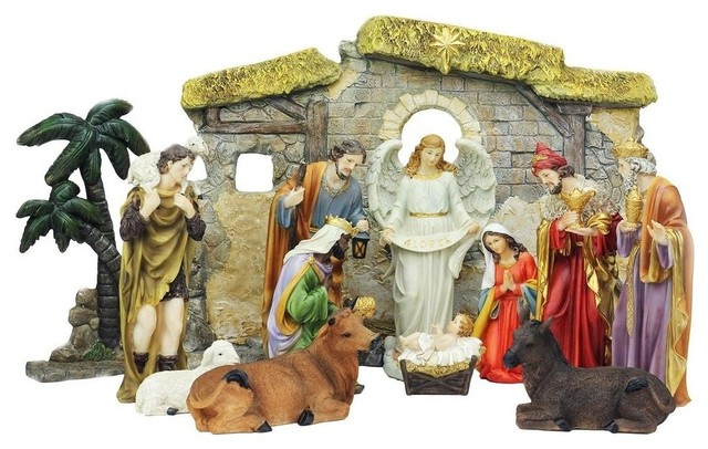 Religious Christmas Nativity Decor Set With Stable 13 Piece