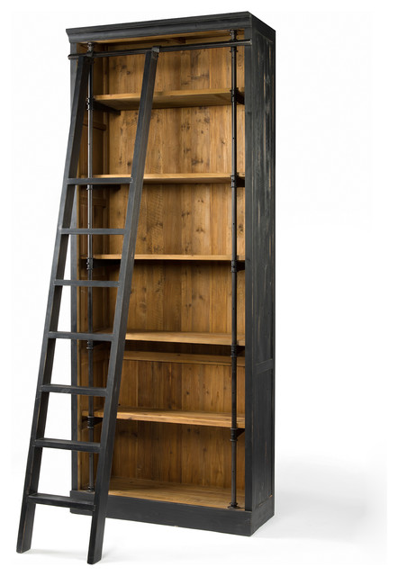 102" Angelico Bookcase with Ladder Matte Black Reclaimed ...